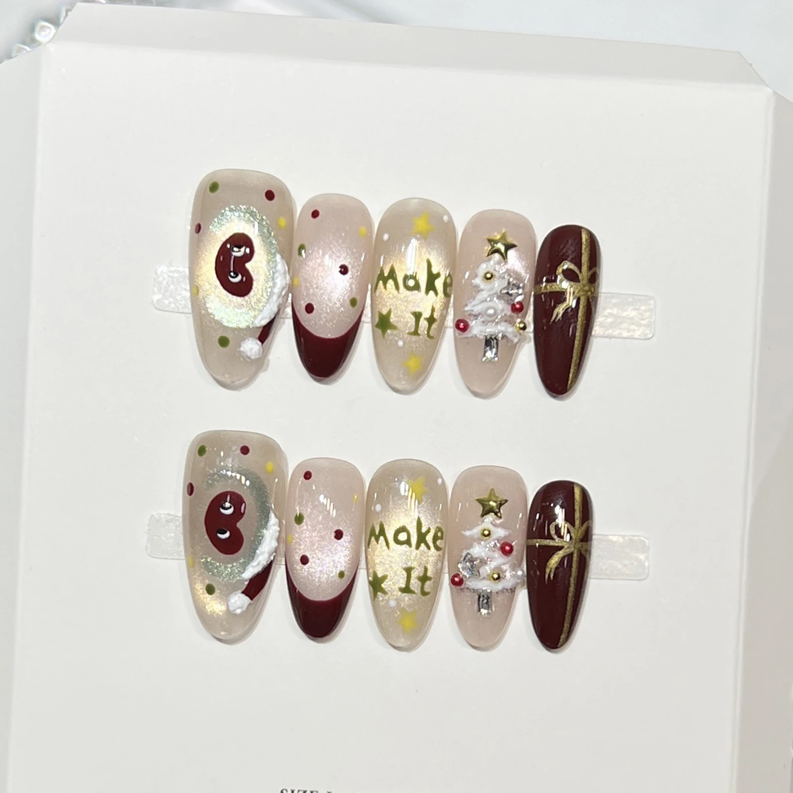 10pcs Glossy Cat's Eye Handmade False Nails Wine-red French Style Almond Fake Nail With Love Heart Polka Dot Decor Press On Nail