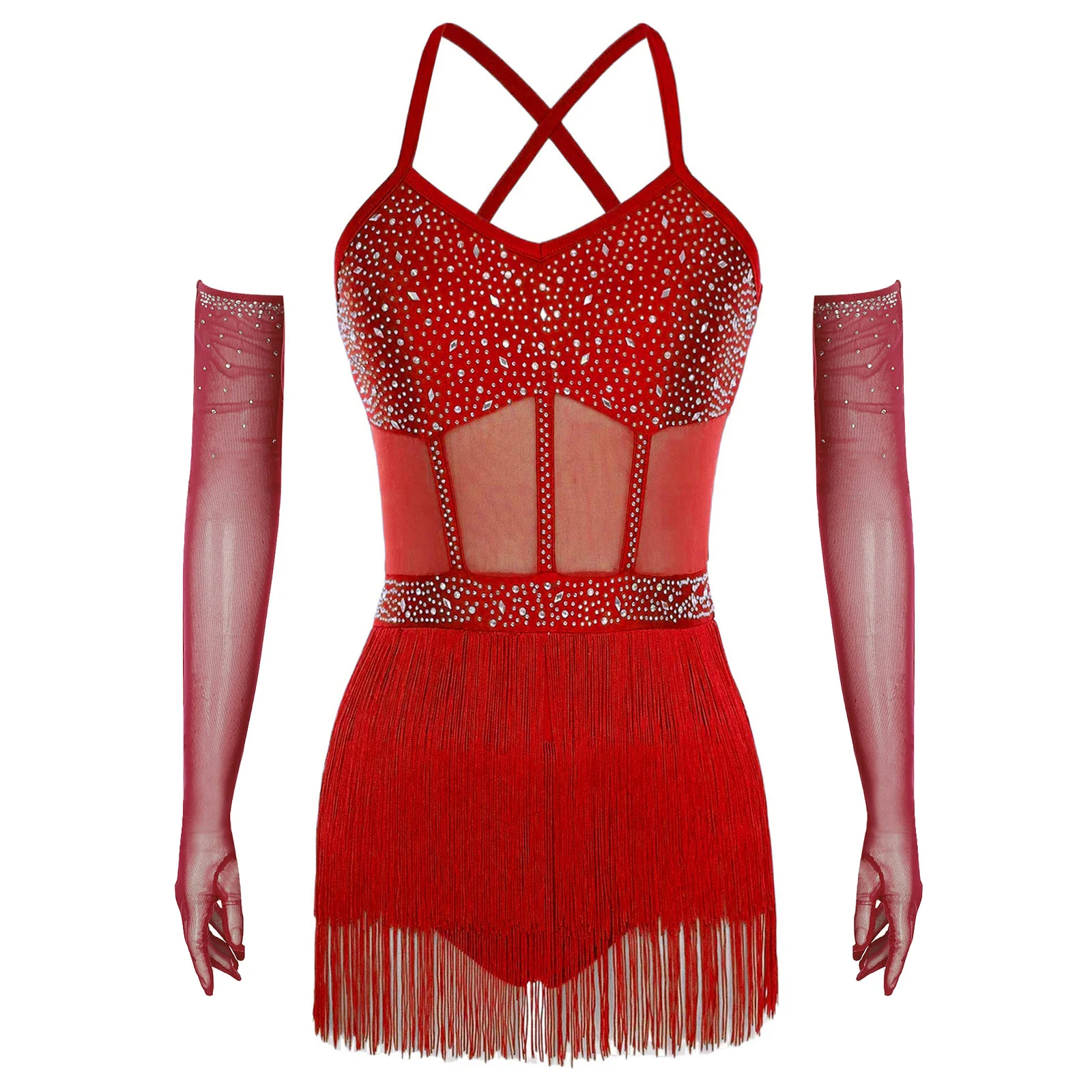 Costume de danse Tango Chacha pour femmes, robe justaucorps Latin à franges en maille transparente avec gants pour Rumba, spectacle de danse de salle de bal Jazz latine
