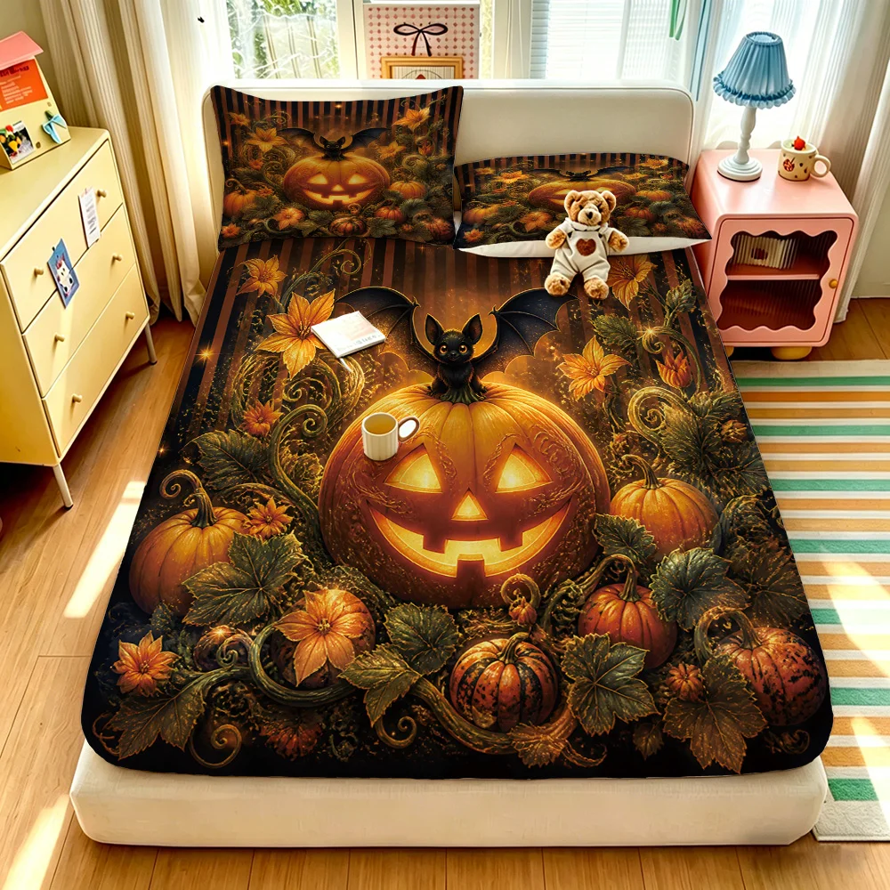 Halloween Glowing Pumpkin Bat Fitted Sheet 3PCS Set Dark Spooky Bedding Set 1 Fitted Sheet + 2 Pillowcases
