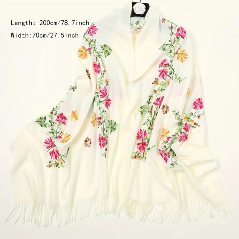 Winter Imitation Cashmere Scarf Embroidered Floral Pashmina Solid Tassal Wraps For Women Elegant Blanket Warm Shawl 200*70cm