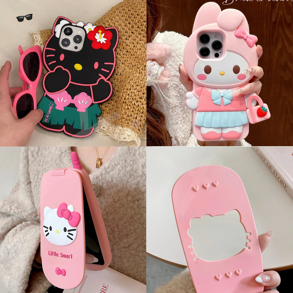 3D Hello Kitty Phone Case For iPhone 16 15 Pro Max 14 13 12 11 Cute Melody Kuromi Soft Silicone Cover for iphone16plus 15plus