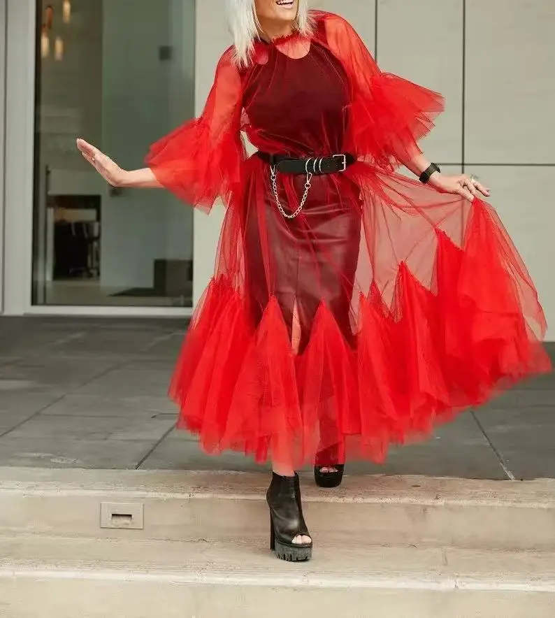 

Tulle Overlay Dress Sheer Festival Outfit With Bell Sleeves Elegant Maxi Sheer Dress Women Tulle Dress