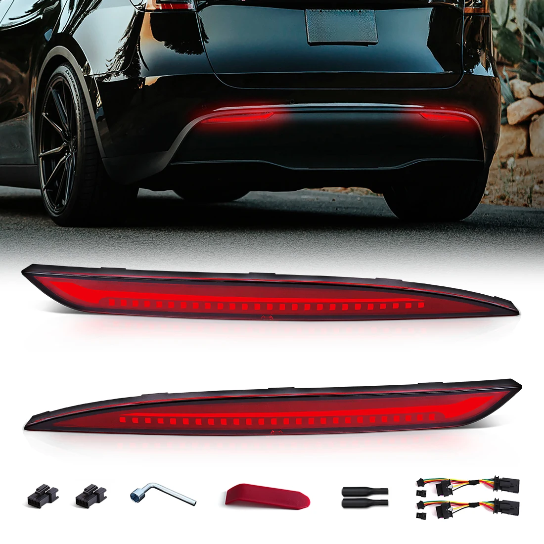 

For Tesla Model 3 Model Y 2018 2019 2020 2021 2022 Led Rear Bumper Reflector 3 Functions Brake Light Dynamic Fog Light Red Smoke