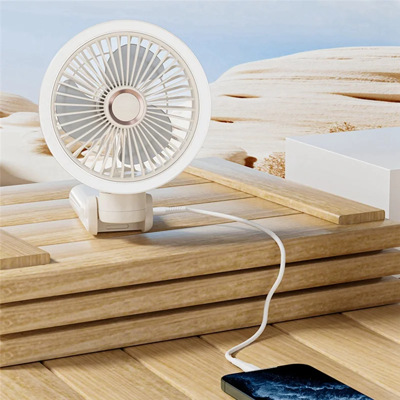 ABKU-USB Rechargeable Table Fan Clip-On Type Portable Mini Desk Fan 360 Degree Rotation Adjustable Clip-On With Lights Fan