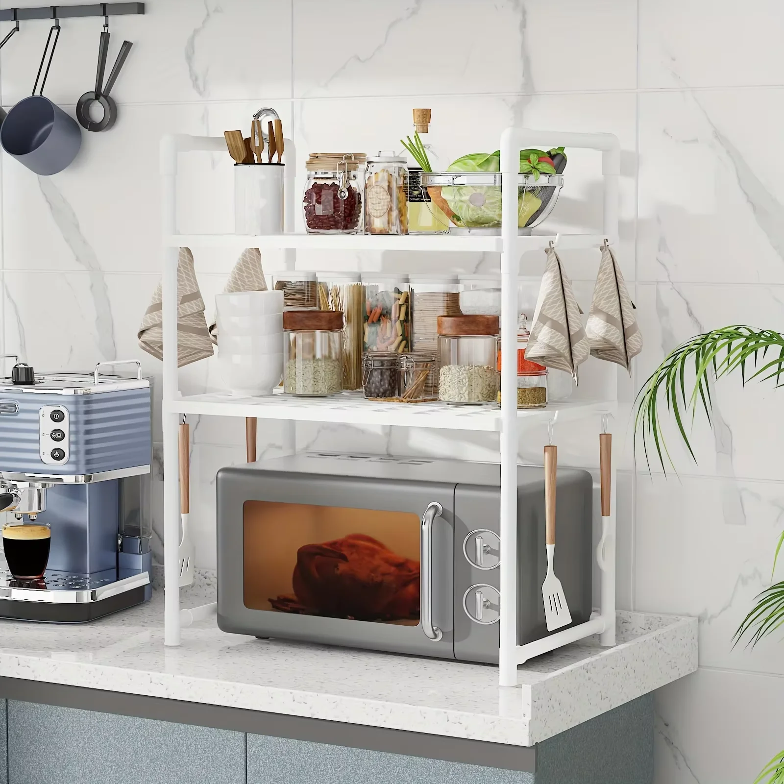 New Year: Heavy-Duty Adjustable/Stackable/Foldable Telescopic Upright Storage Rack/Microwave Stand - Multiple Models Available, Sturdy Metal Countertop Rack with Upper and Lower Shelves, Space-Saving Microwave Top Shelf and Small Appliance Storage/Spice Bottle Kitchen Utensil Rack, Hooks - Easy-To-Assemble Kitchen Organizer - view 4