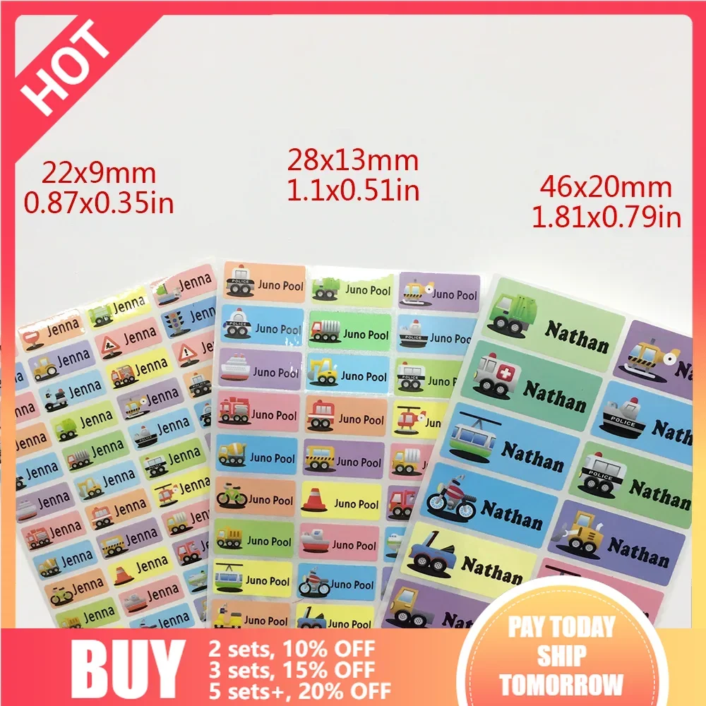 3Size Boy Cartoon Cars Pattern Custom Personal Name Stickers Transportation Waterproof Tag Label For Scrapbook School Stationery