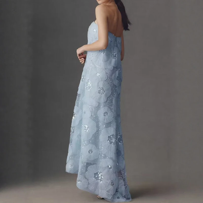 Elegant Flower Beading Sequined Banquet Dress Women Sexy Strapless Hight Waist Loose Long Dress Fashion Luxury Solid Party Gowns
