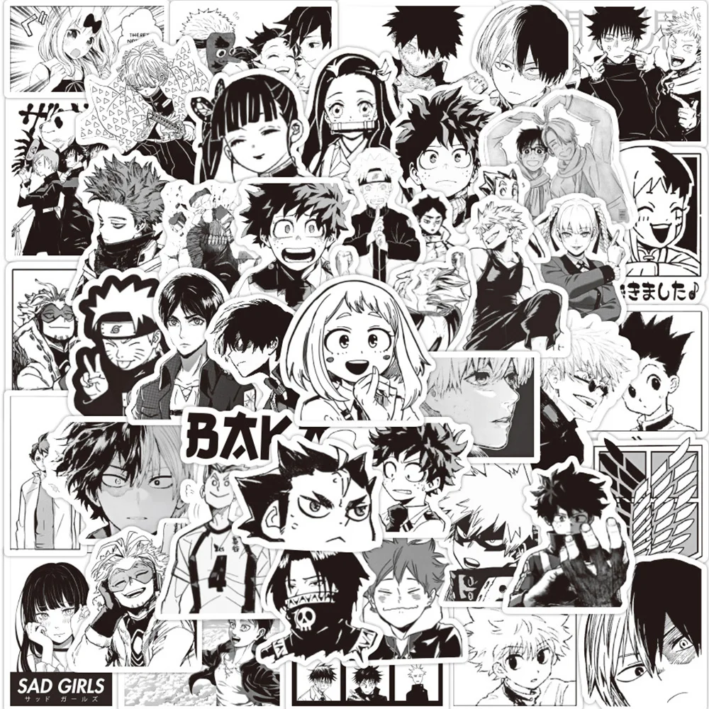 

10/30/50/100pcs Black White Mixed Anime Stickers Cool Manga Jujutsu Kaisen Haikyuu!! Decal Laptop Phone Luggage Sticker Kids Toy