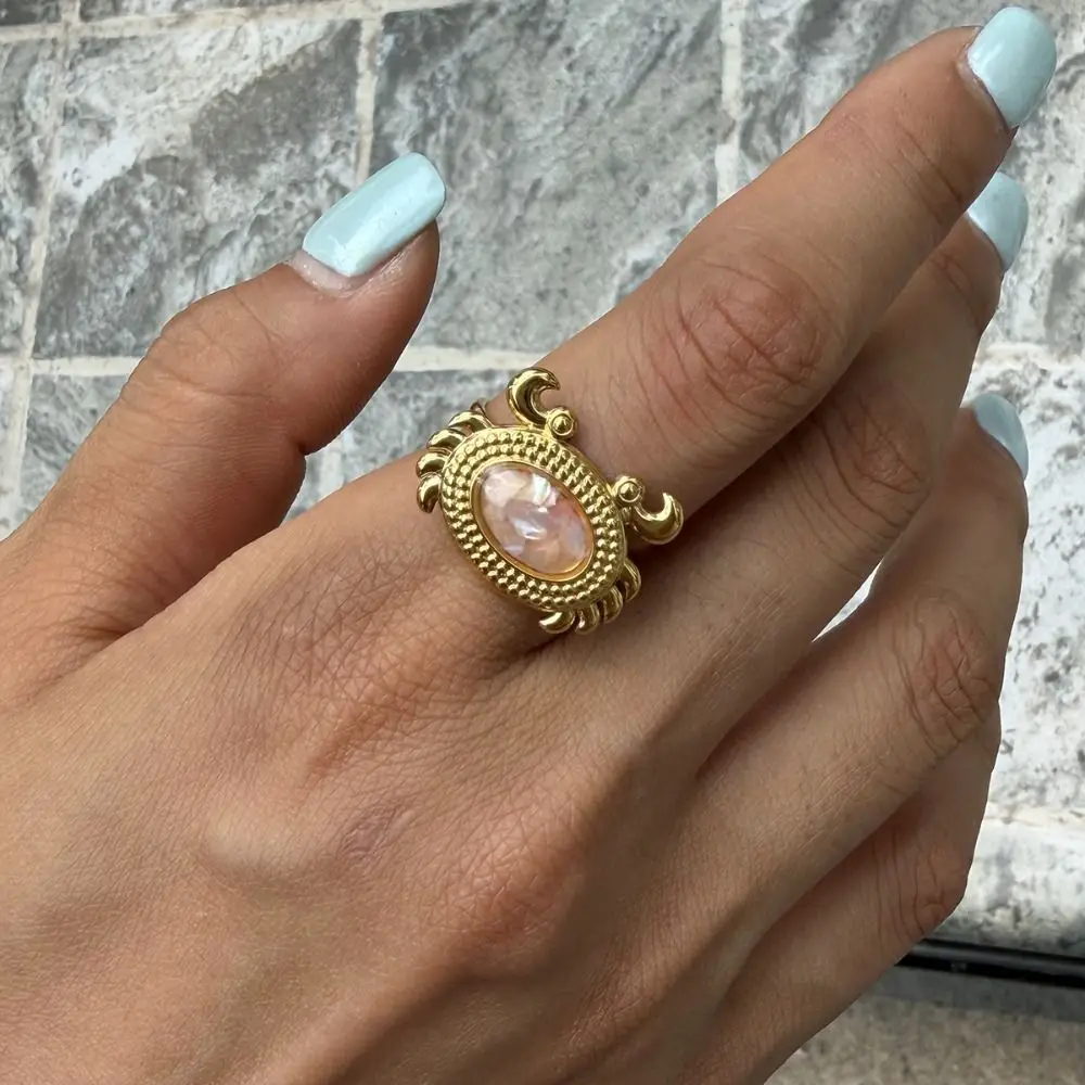 Luxury Fish Enamel Ring Conch Turtle Geometric Open Ring Minimalist Adjustable Vintage Ring Party