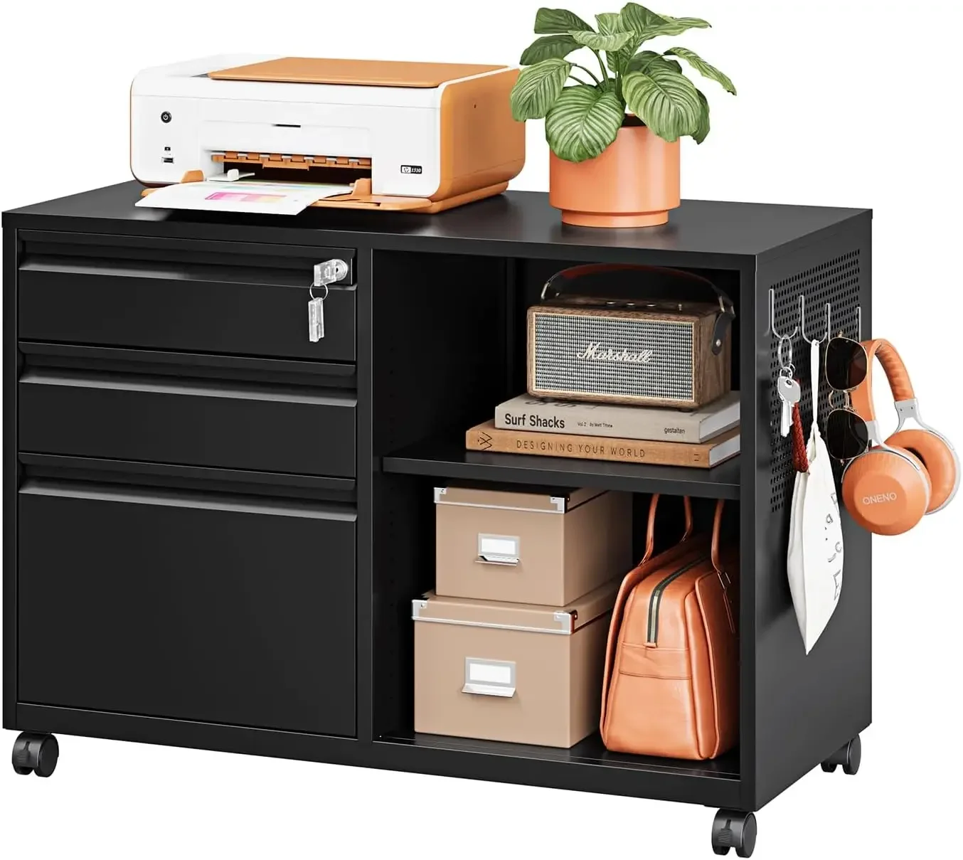 3 Drawer File Cabinet with Lock,Mobile Lateral Filing Cabinet with Side Hook for Letters/Legal/A4, Metal Printer Stand Storage