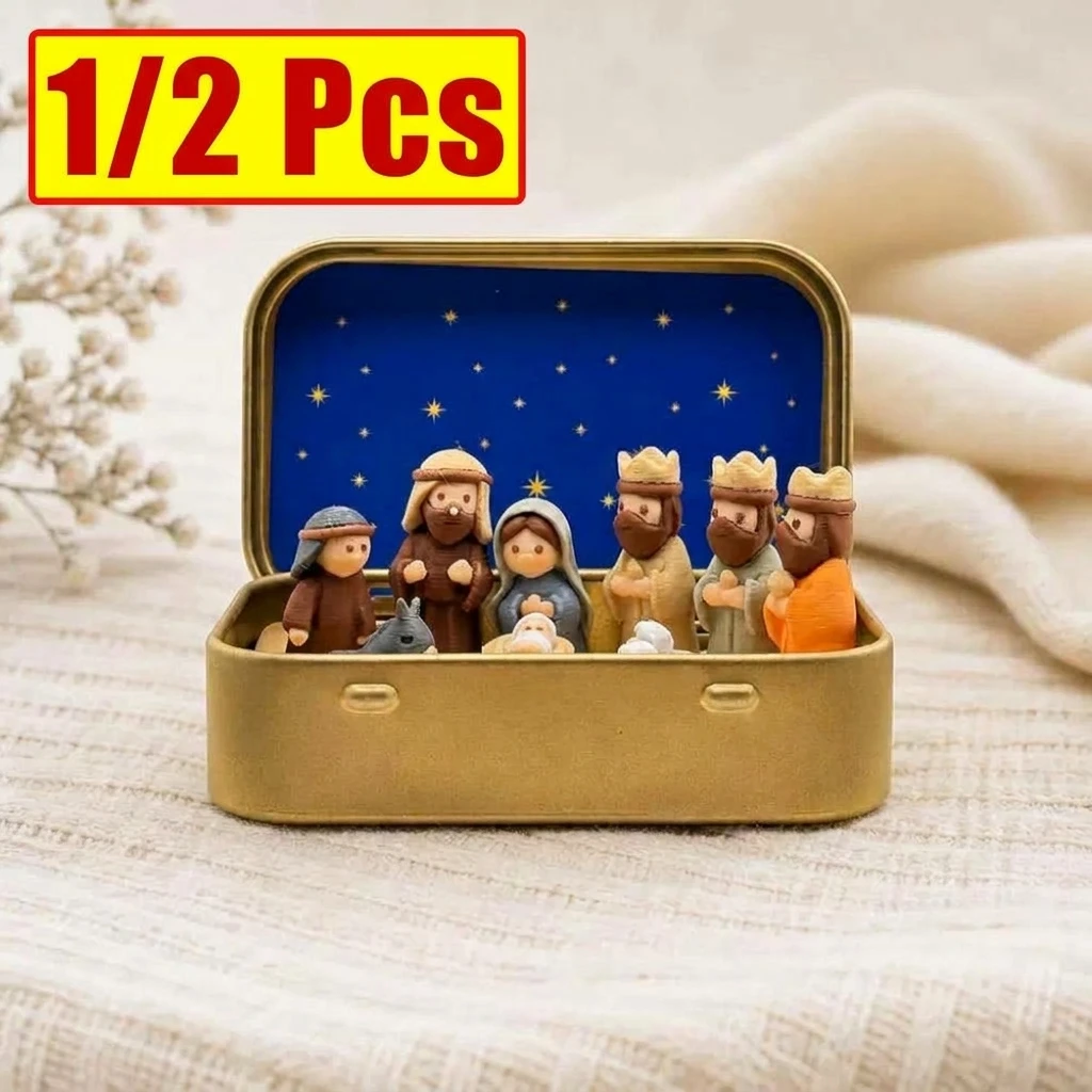Pocket-sized Nativity Scene Small Statue, Metal Box, Mini Portable Religious Desktop Decoration And Christmas Christian Keepsake