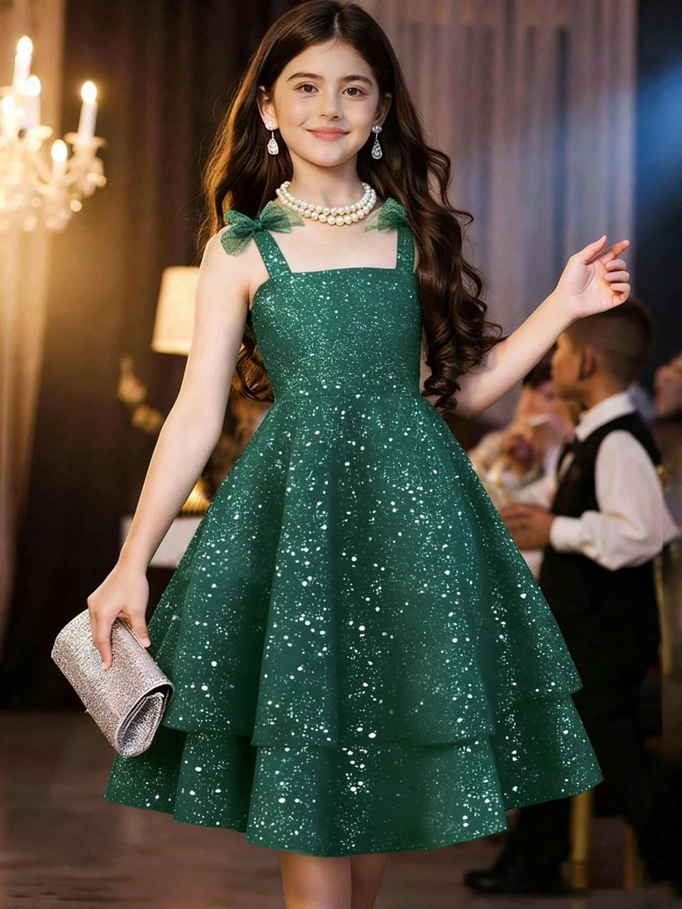 

Elegant Emerald Green Sequined A-Line Party Dress With Bow Shoulder Straps