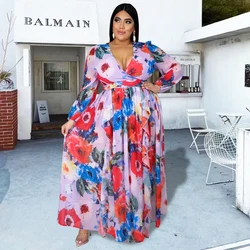 African Chiffon Dresses For Women Muslim Boubou Robe 2022 New Print Floral V-neck Kanga Clothing Summer Lady Long Sleeve Clothes