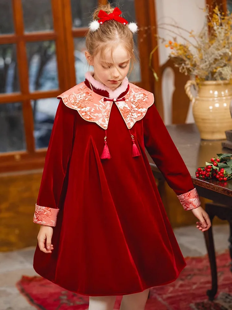 Girls Winter Dresses Red Chinese Style Cheongsam 3T 14yrs Kids Full Sleeve Dress Birthday Party Kawaii Clothing 110cm 170cm