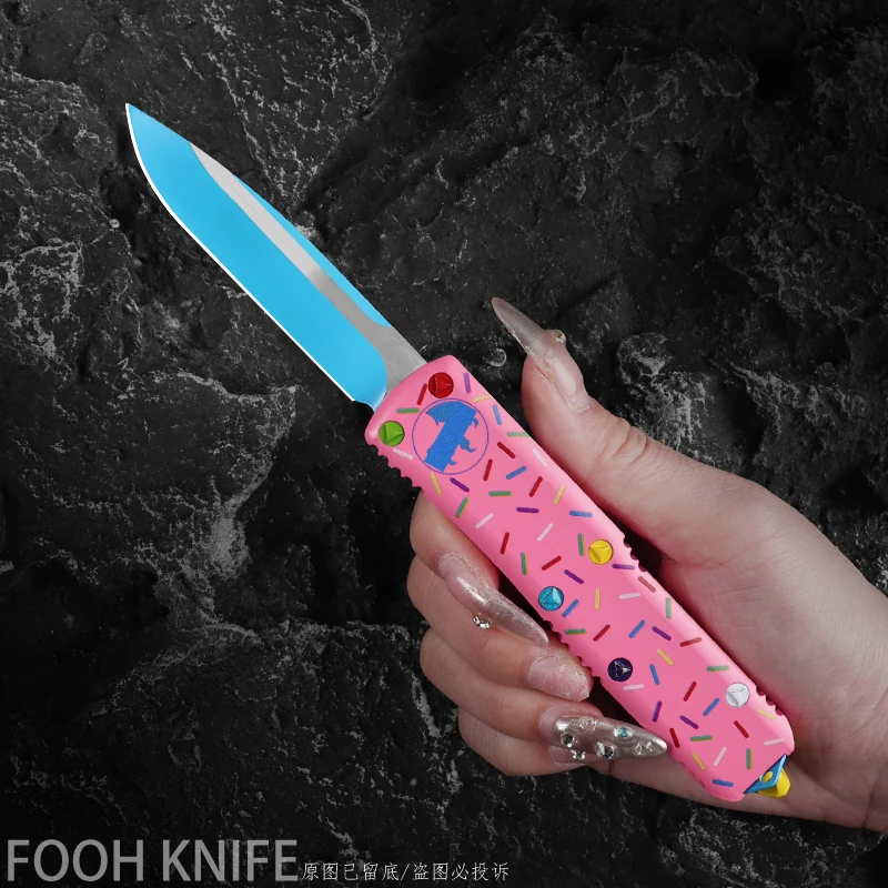 

UTX-85 Knives Donut Pink UTX 85 UTX85 MICRO ULTRA OTF TECH Tactical Pocket Knife D2 Blade CNC T6 Aluminum Handle Pocketknife