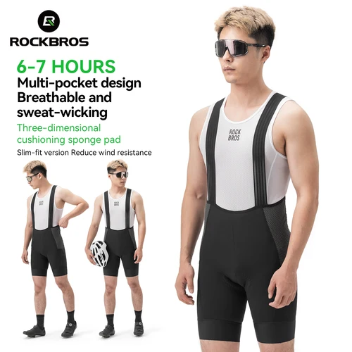 ROCKBROS-pantalones cortos con pechera para ciclismo, absorción de impacto, alta elasticidad, transpirables, 7 horas de equitación, diseño multibolsillo