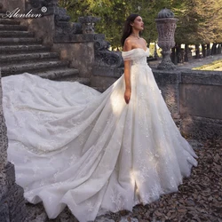 Alonlivn Elegance Off The Shoulder Sleeves Beading Pearls Lace Ball Gown Wedding Dresses Appliques Princess Bridal Gowns