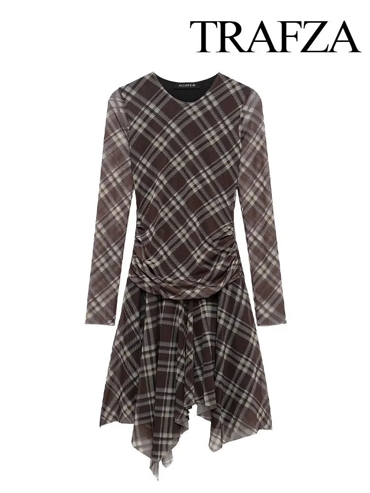 

TRAFZA Spring Women Fashion Dresses O-Neck Long Sleeves Lattice Fold Tulle Slim Retro Female Asymmetry Casual Mini Dresses 2025