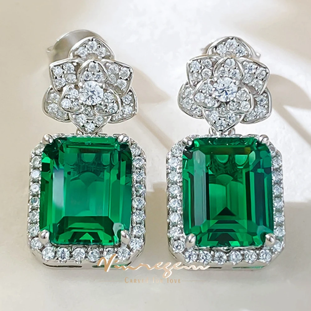 Vinregem 8*10 MM Emerald High Carbon Diamond Gemstone Vintage Flower Drop Earrings 100% 925 Sterling Silver Jewelry Wholesale