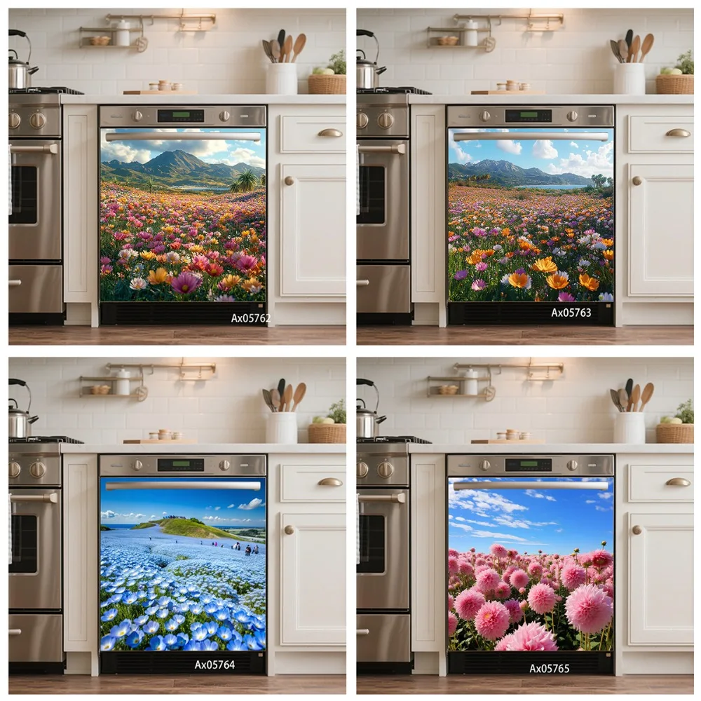 Fresh Spring Flower Field Mountain Landscape Dishwasher Door Sticker Self Adhesive Customize Home Decoration Door Stickers