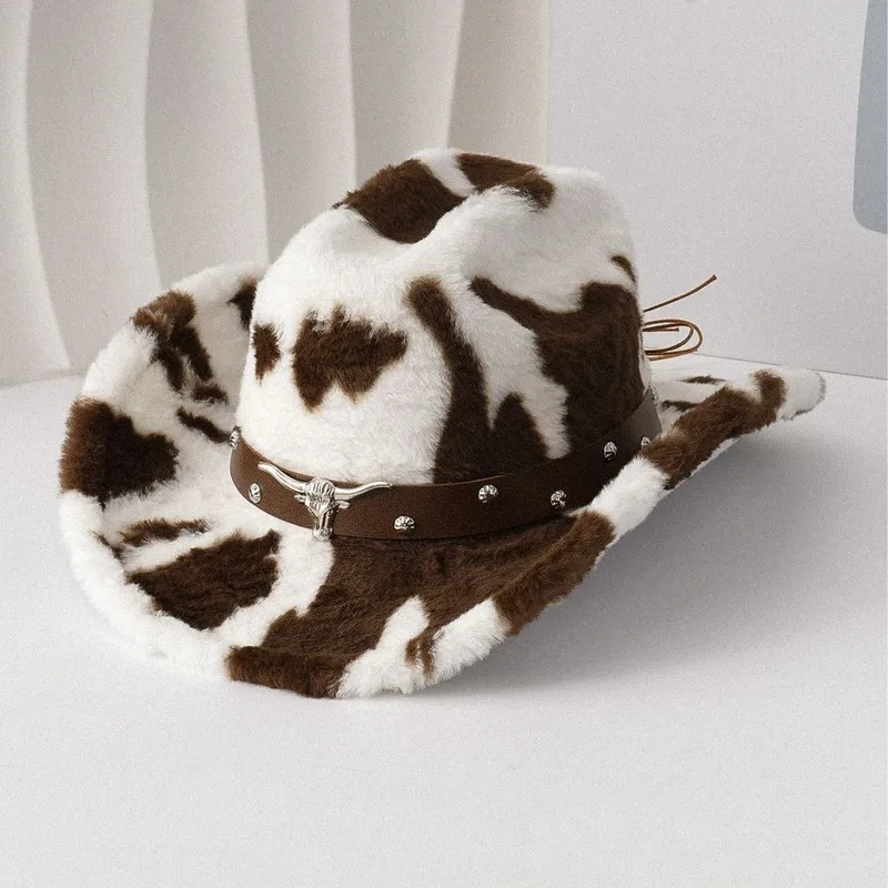 New autumn winter cowboy milk pattern, fashionable plush top hat with cow head strap, warm and versatile for everyd
