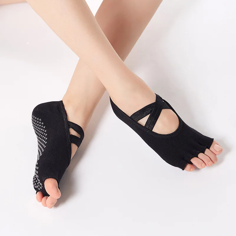 

Нескользящие носки для йоги с пятью пальцами, хлопковые носки для пилатеса с перекрестными ремешками и открытой пяткой для женщин, для фитнеса, балета, танцев, тренировок, спортивные носки
