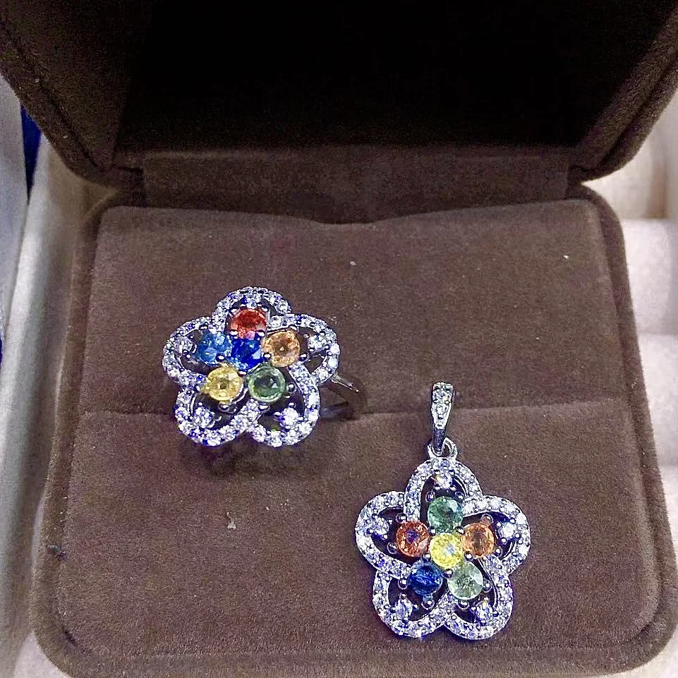 

Natural Sapphire Ring 3mm for Office Woman Fashion Multi-color Sapphire Silver Ring 925 Silver Sapphire Pendant Jewelry Set