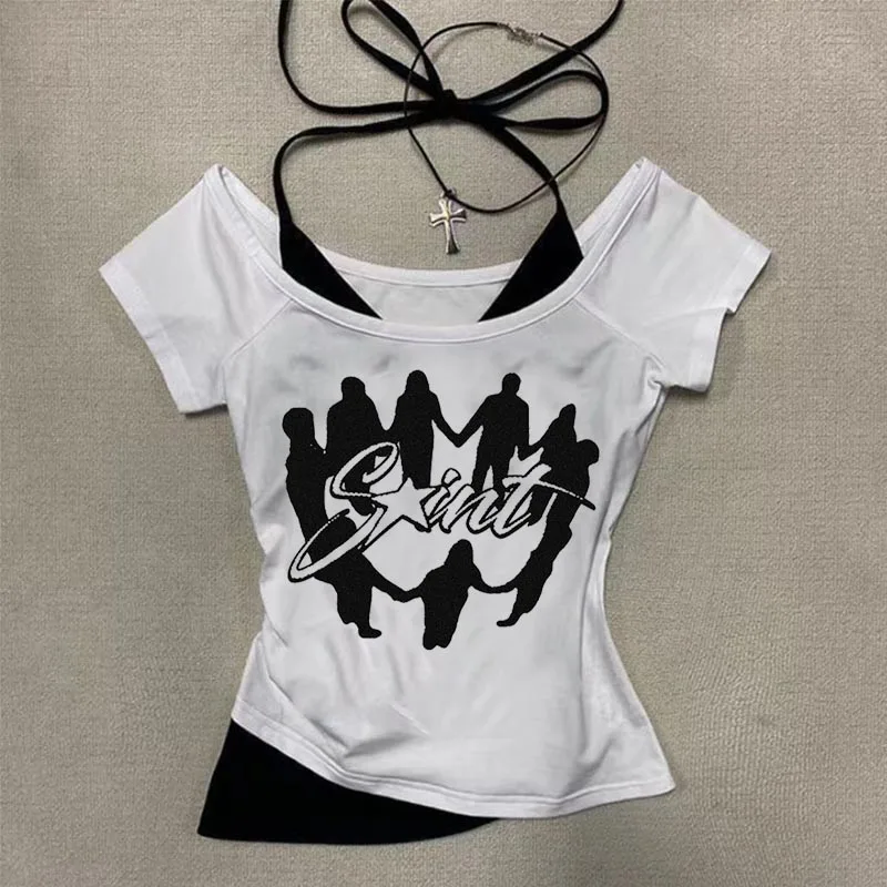 

Summer gothic punk street fashion casual halter t-shirt retro hand-painted pattern print ladies short sleeve tops Y2k clothing