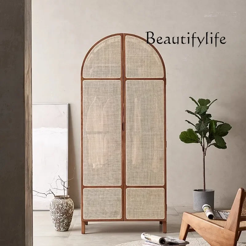 retro arched dome casement door wardrobe Nordic solid wood rattan wardrobe small apartment