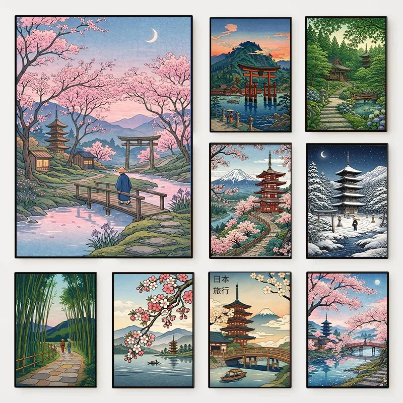 Japanese Landscape Poster Japandi Travel Seasons Cherry Blossom Mount Fuji Pagoda Canvas Painting Wall Art for Room Home Deco
