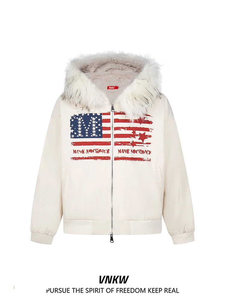

Thickened Fleece Winter Jacket with Fur Collar Letter Flag Hooded Cotton Casual Loose Short Style Men Women Cotton Coat