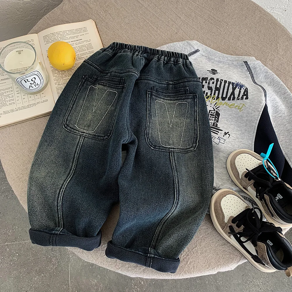 

Джинсы UNITIM для маленьких мальчиков, повседневные толстые теплые детские джинсовые штаны с буквенным принтом для маленьких мальчиков, модные детские брюки со средней талией для мальчиков от 3 до 8 лет