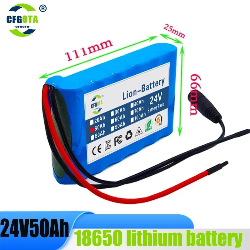 2024 New 24V 50Ah 25.2V 6S1P 18650 Li-Ion Battery Pack for Electric Motor Bicycle E-Bike Scooter Toys Drill with BMS