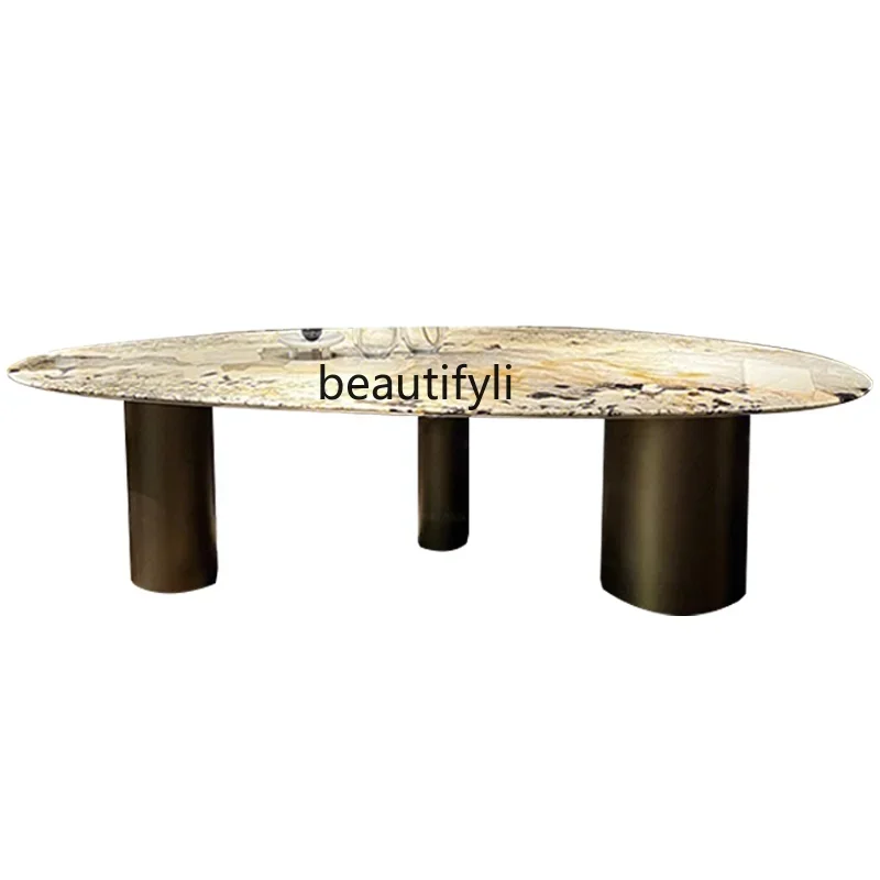 

Water drop Pandora luxury stone dining table oval natural marble dining table light luxury high-end large flat