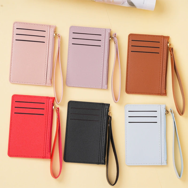 Dompet lembut ritsleting Ultra tipis dompet kartu kredit Mini kulit PU tempat kartu ID tempat kartu Organizer koin casing kartu untuk pria dan wanita