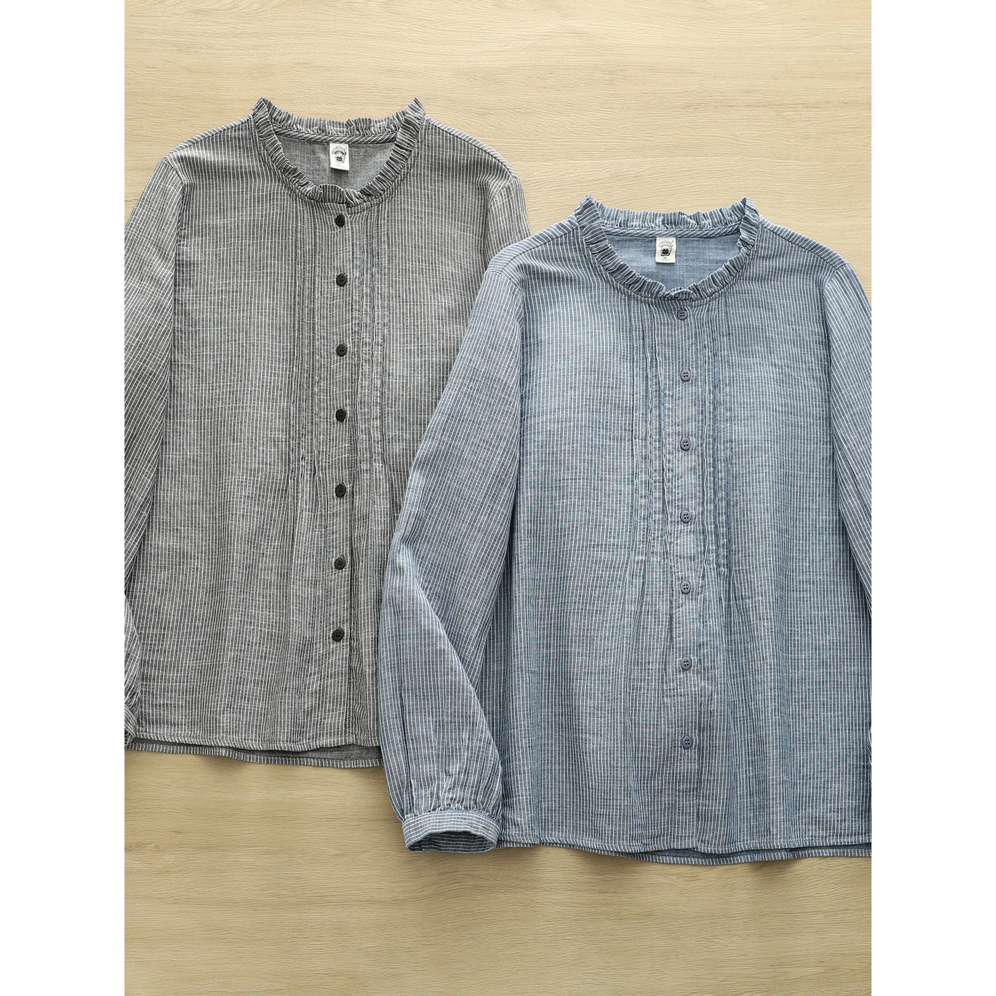 ريترو Sle المرأة فضفاضة القطن irt ربيع الخريف منقوشة طبقة مزدوجة Sve الوقوف طوق المضادة للتجاعيد طويلة Sve #2