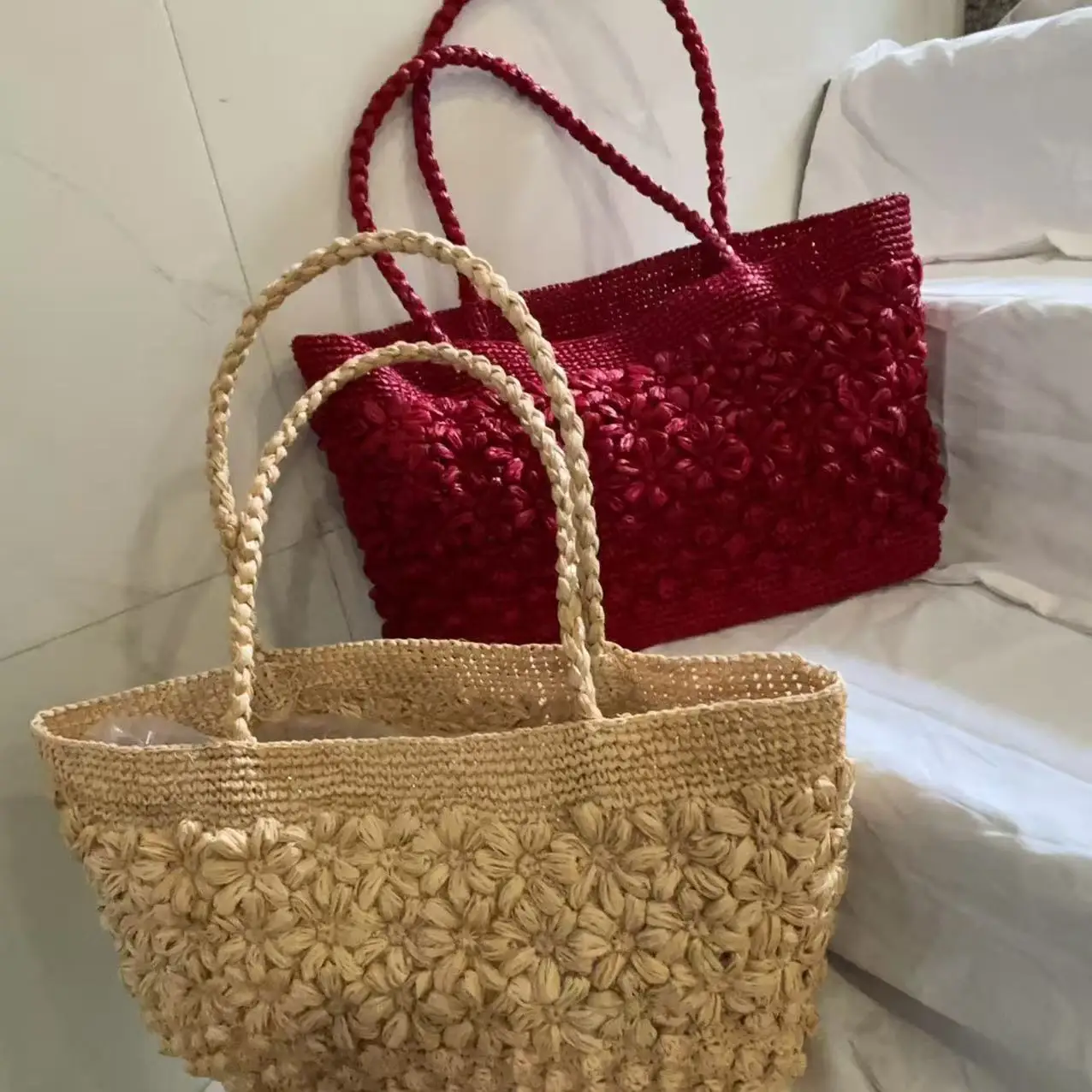 Bohemian Raffia Straw Bag Tote Flower Crochet Sea Beach Bags for Women Shoulder Bag Handmade Woven Handbag Shopper Travel Purses