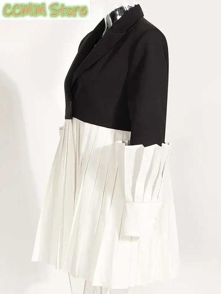 Women Black White Pleated Color-block Blazer New Lapel Long Sleeve Loose Fit Jacket Fashion Tide Spring Autumn