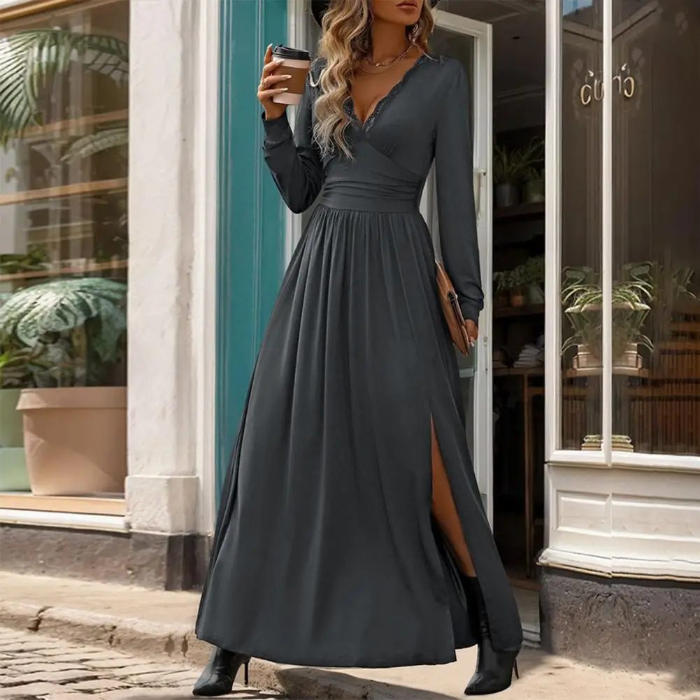 

Ol Commute Long Dress Elegant Lace V Neck Maxi Dress with Pleated Split Hem Slim Fit for Fall Spring Ideal for Commuting