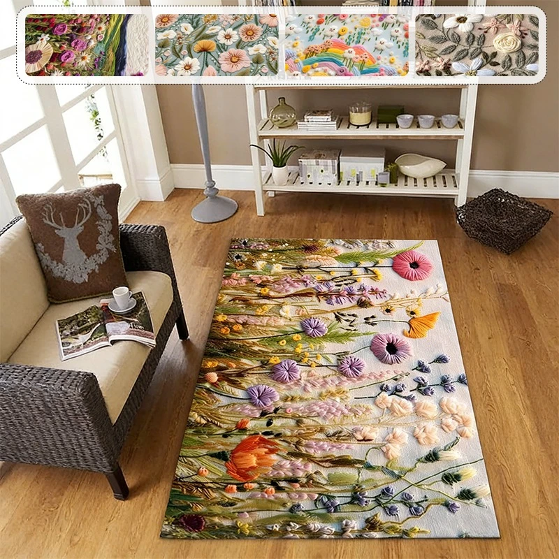 3D Visual Embroidery Flower Carpet Crystal Velvet Living Room Bedroom Home Non Slip Stain Resistant Decorative Carpet Door Mat