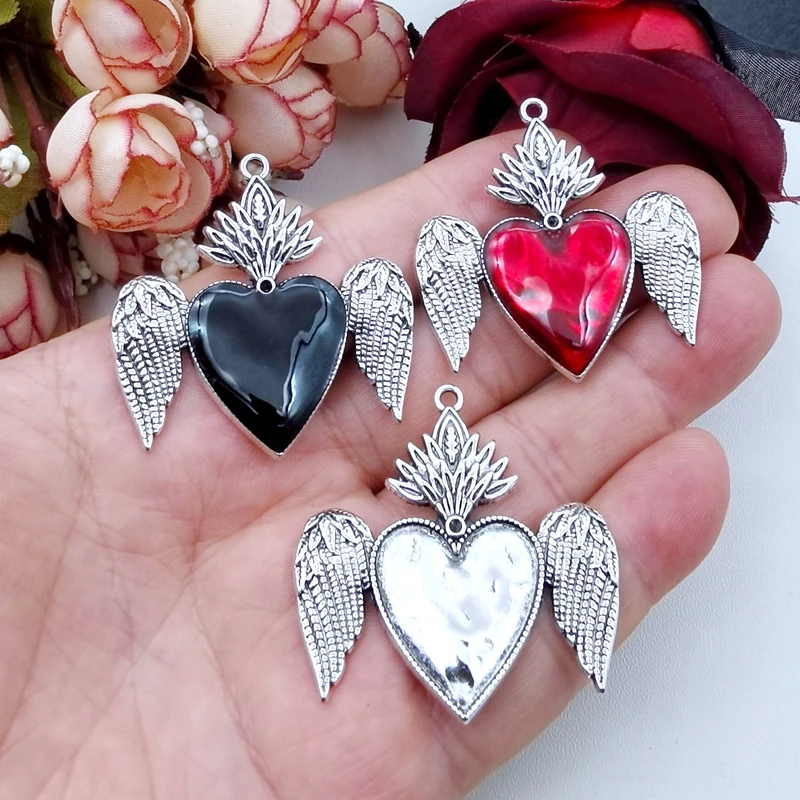 3 pièces, 43*42mm nouveau pendentif à breloque coeur rouge saint amour victorien pendentif à breloque en Zircon, bijoux aile de mode fournitures de fabrication de bricolage