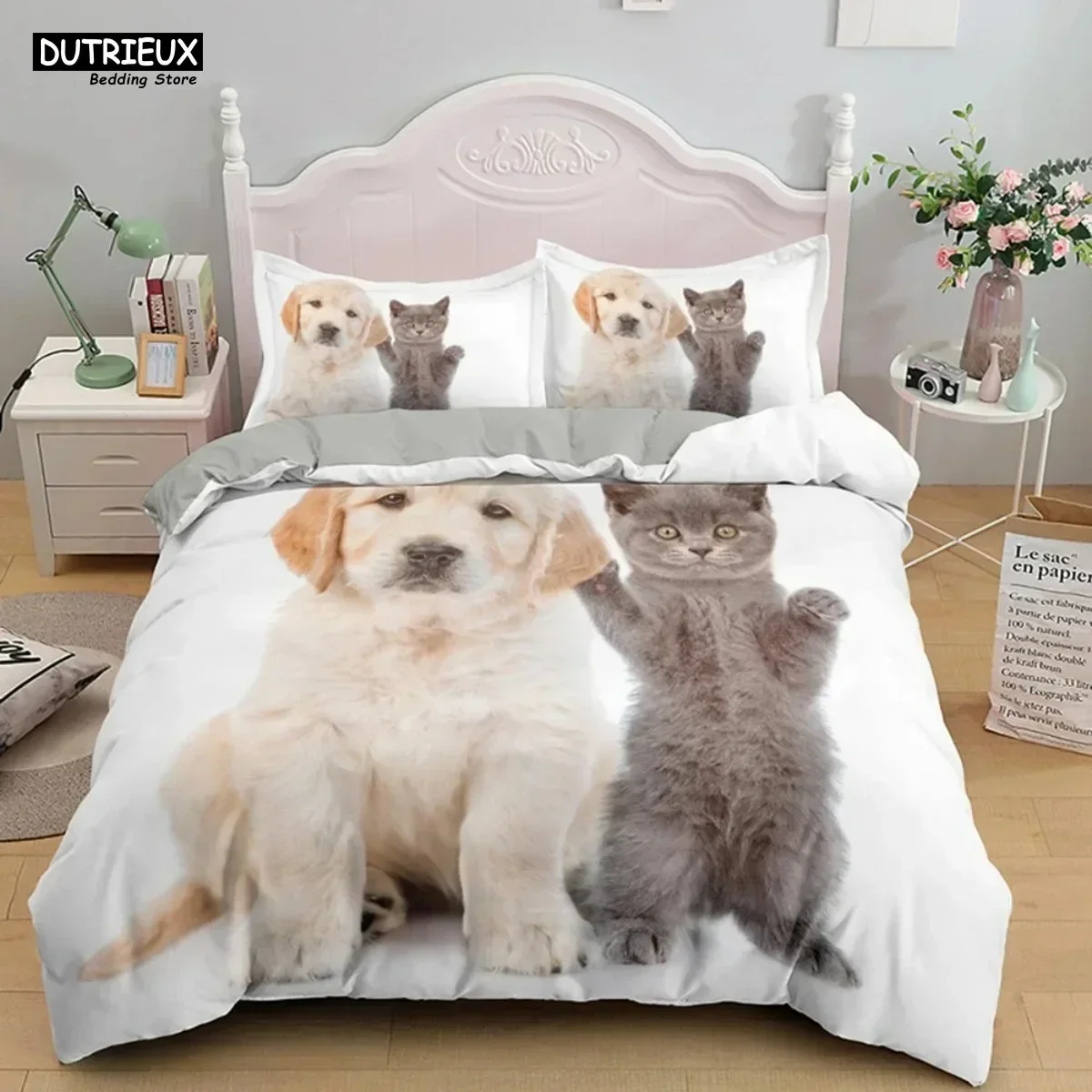 Cute Baby Cat White Black Kitten Bedding Set 3D Printed Suitable for Bedroom Duvet Cover Set With Pillowcases Kids Home Textile