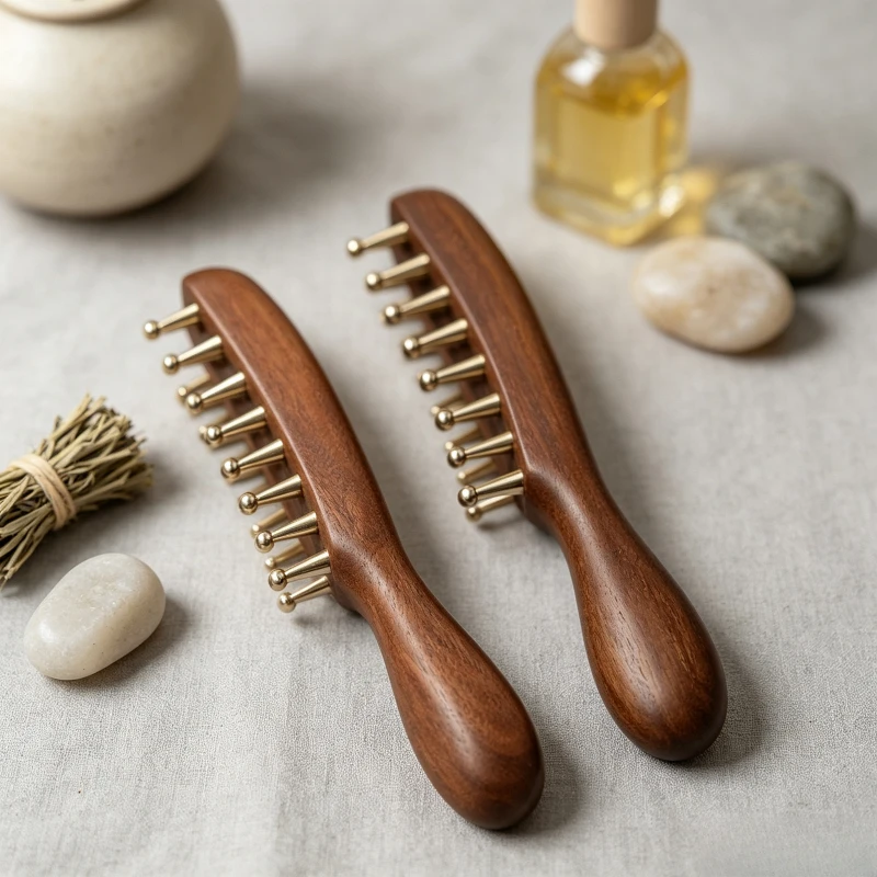 Olid Wood Meridian Massage Comb Metal Round Wide Tooth Scalp Massager Head Acupoint Gua Sha Wooden Hair Care Comb
