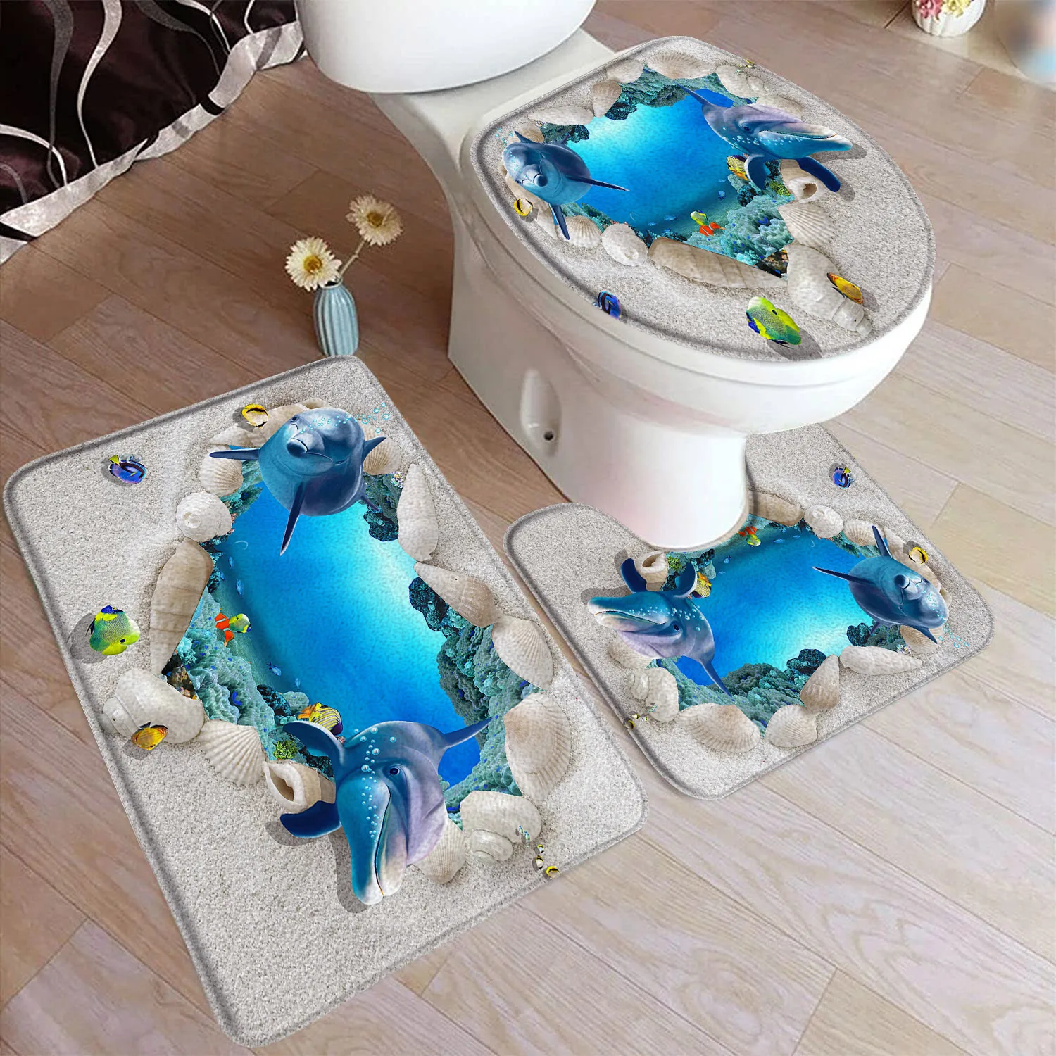 Funny Dolphin Sea Turtle Bath Mat Set Marine Animals Fish Coral Underwater Scenery Home Bathroom Decor Rugs U-Mats Toilet Cover