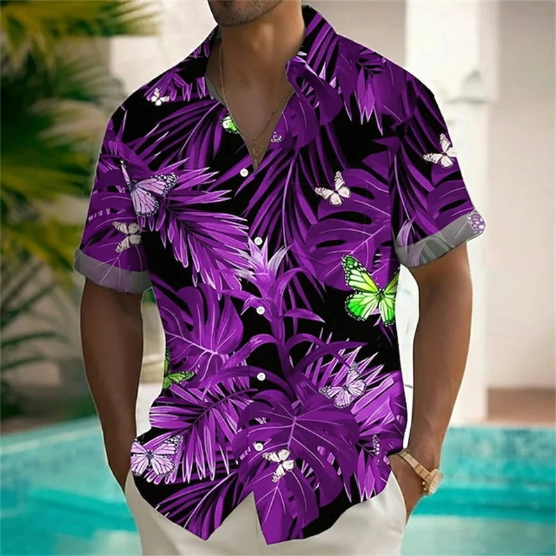 

Hawaiian Shirt Men's Tropical Leaf & Butterfly 3D Print Colorful Butterflies Casual Short Sleeve Shirt Summer New Women Blouse