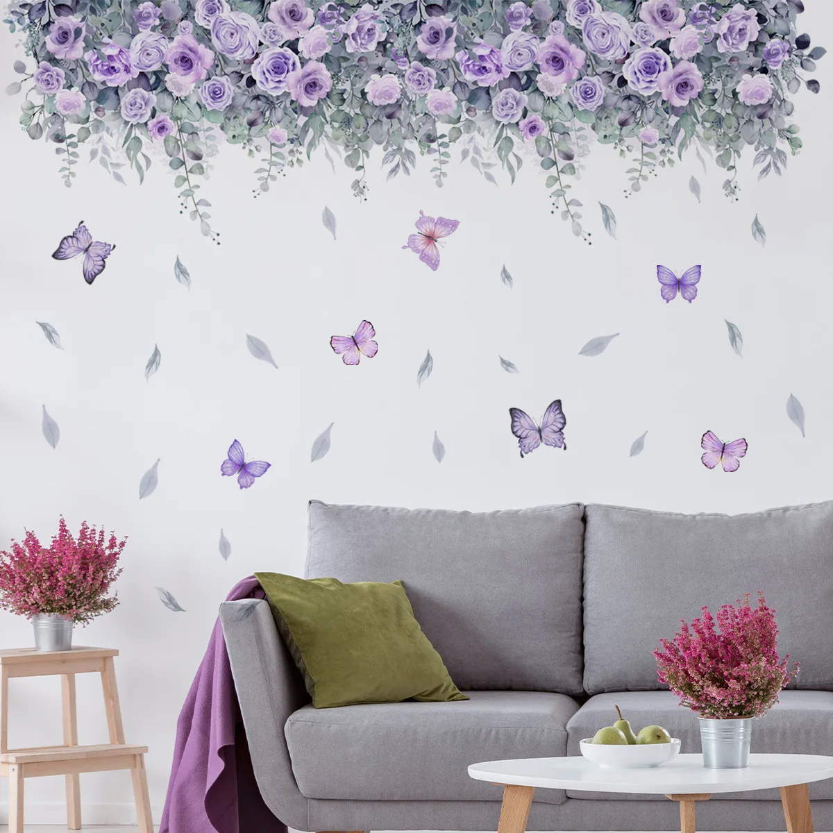 Purple Flower Wall Stickers Self Adhesive Forest Butterfly Decals Nordic Art Murals Decor for Kids Room Bedroom Home Background