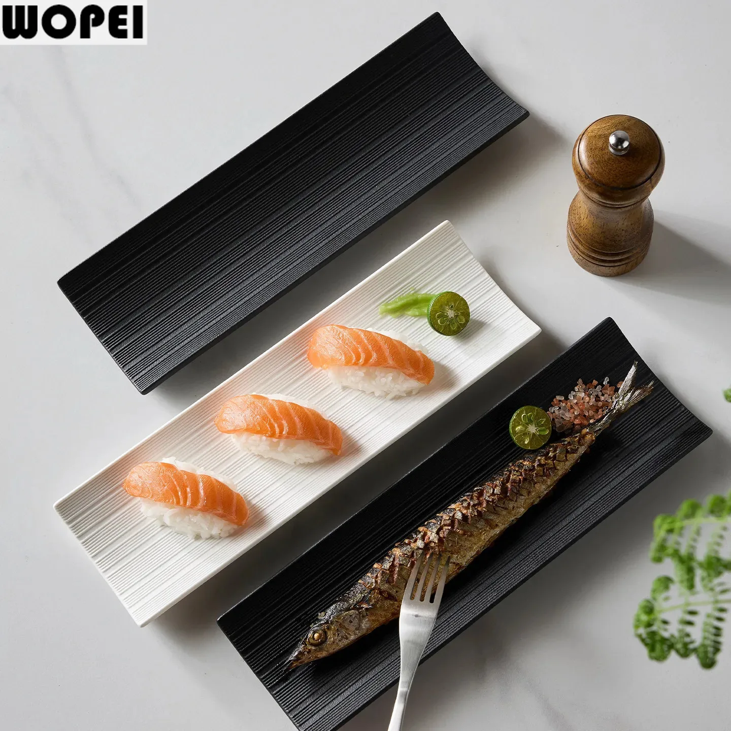 Solid Color Striped Ceramic Long Strip Plate Rectangular Sushi Plate Sashimi Plate Dessert Dish Serving Plates Kitchen Utensils