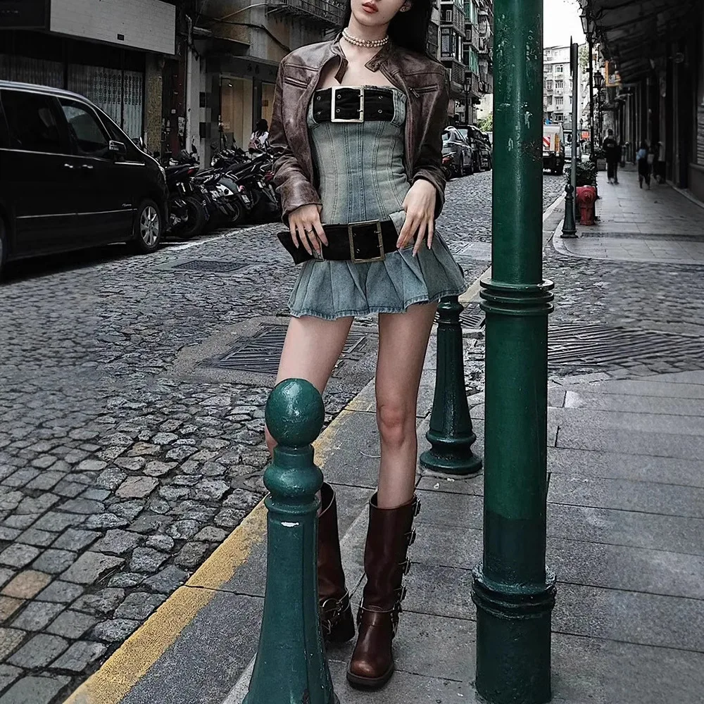 

Сексуальная джинсовая юбка Millennium Girl в американском стиле ретро, тонкая плиссированная юбка с поясом, ткань на молнии, Crt, летняя женская мода