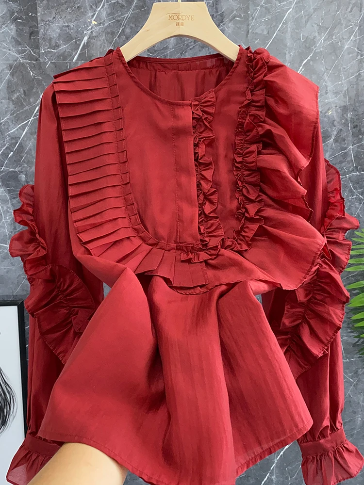 

Elegant Long Sleeve Silk Shirt Vintage European Style Gourmet Earlet Lace Trim Red Color Business Commute round Neck Design