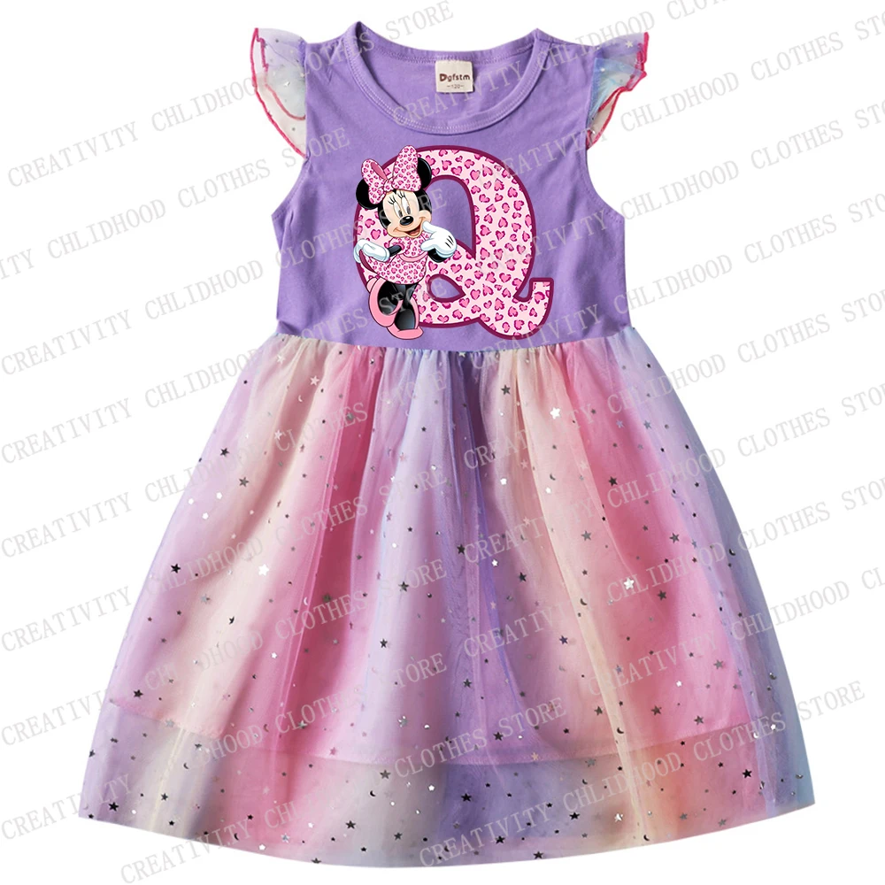 Minnie Mouse Letter A B C D Kids Girl Dress Disney Print Dresses Children Cartoons Casual Clothes Girls Kawaii Gauze Baby Gifts